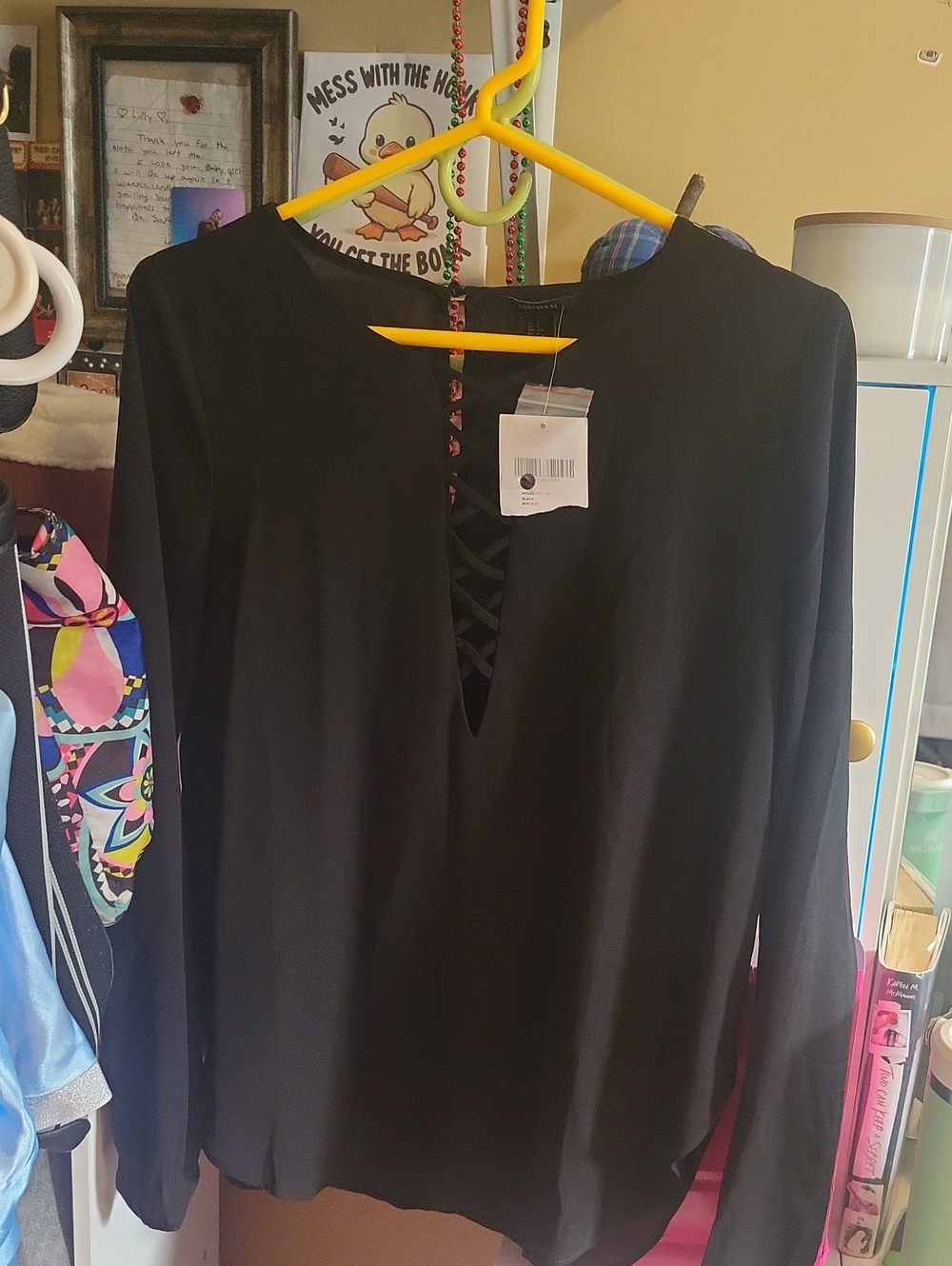 Black Lace-Up V-Neck Long Sleeve Women's Top Mesh